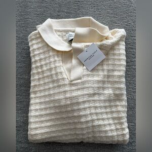 American Eagle Outfitters Cream Waffle-Knit Polo Sweater